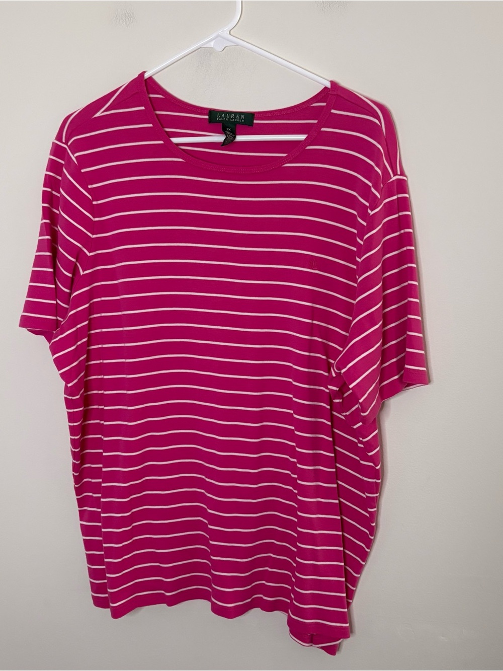 LAUREN Ralph Lauren Women's Sz 3X Pink White Striped Cuffed Short Sleeve Top